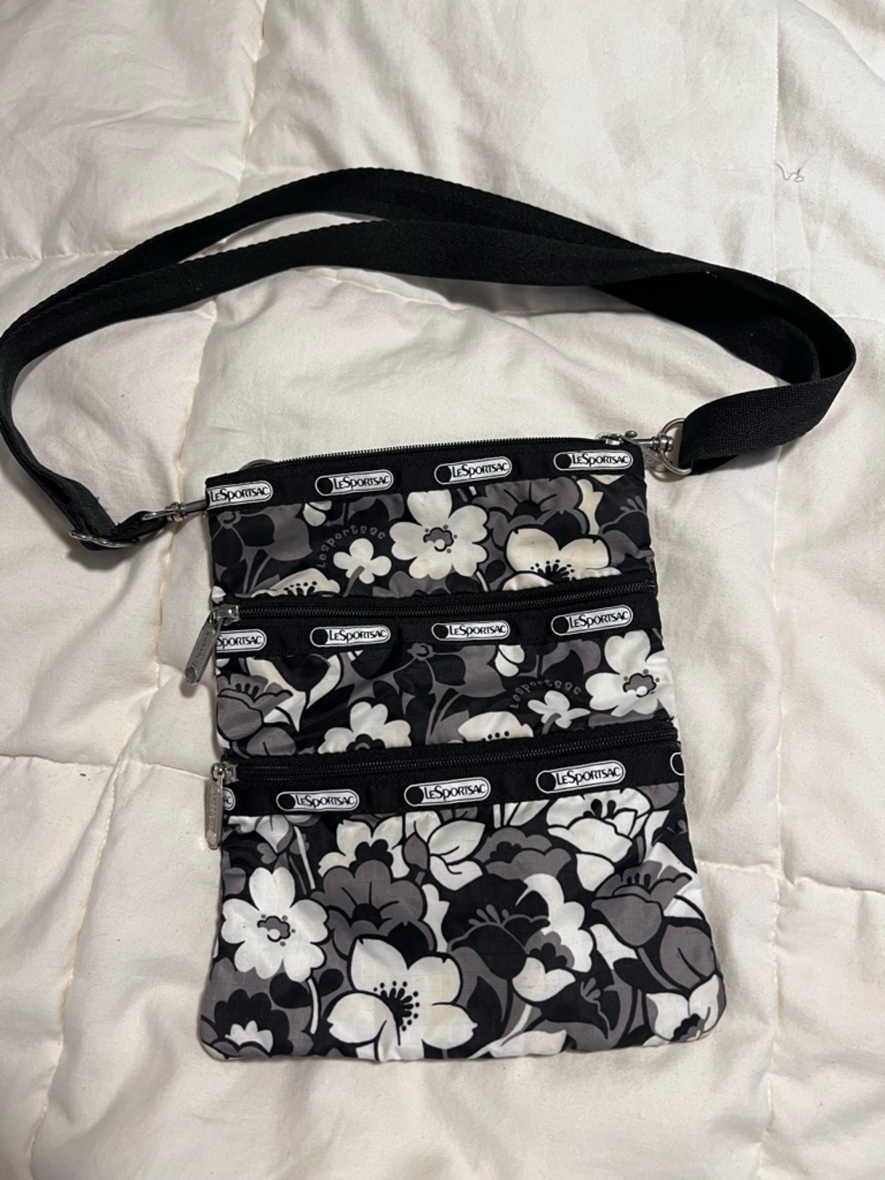 LeSportsac Black, Gray & White Floral Triple-Zip Crossbody